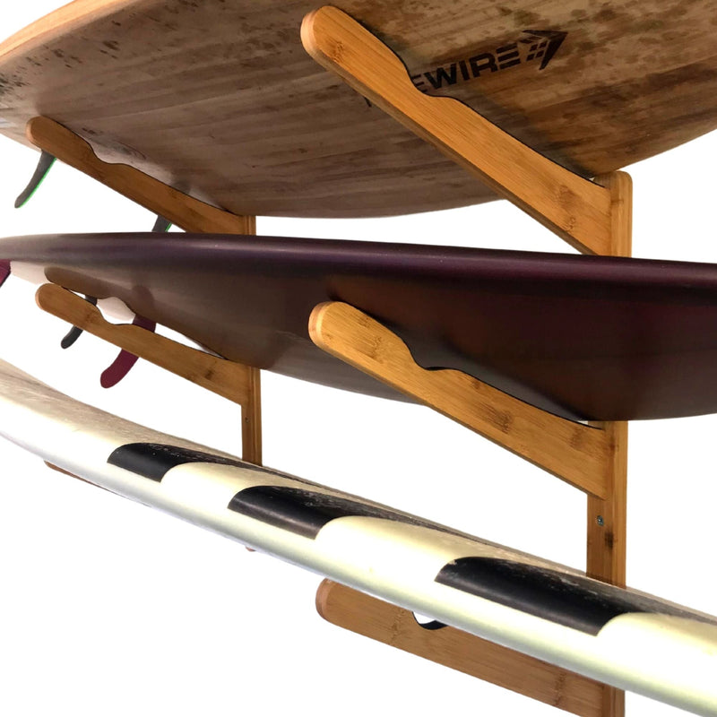Load image into Gallery viewer, Triple Surfboard Wall Rack | Bamboo Rack Perfect for Surf, Wakeboards, Snowboards, Skateboards
